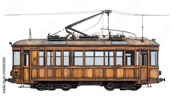 Fototapeta Old train isolated on white background showcasing a classic locomotive with steel rails, transport vehicle, and railway elements