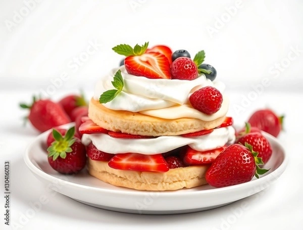 Obraz Layered Strawberry Shortcake Adorned with Whipped Cream and Fresh Berries, Beautifully Styled for a Fresh and Indulgent Dessert Experience - dessert stock-image