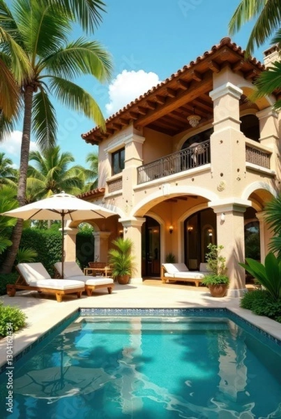 Fototapeta Luxury Mediterranean-style villa with inviting swimming pool and patio furniture under sunny skies