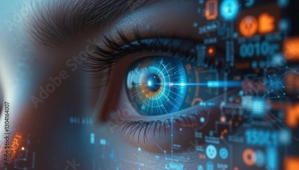 Fototapeta Futuristic Eye Biometric Scan Interface - Biometric Technology