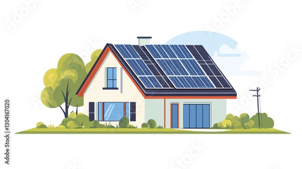 Fototapeta Illustration of a single-family suburban house with solar panels installed on the roof. The house is depicted in a cartoonish style with simple shapes and flat colors.  The house is white
