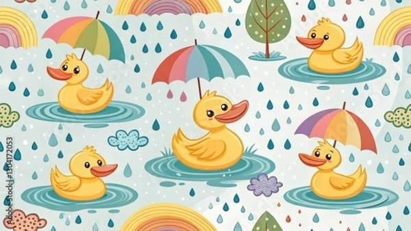 Obraz Cute Pet Illustrations in Digital Art Style Concept. Colorful pattern of cute rubber ducks with umbrellas in water, rain, and rainbows. Seamless Pattern.