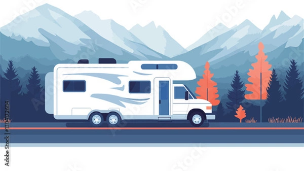Fototapeta Illustration of a white motorhome traveling on a road. The motorhome is depicted in profile view, showing its side and rear. The background features a stylized landscape with snow-capped