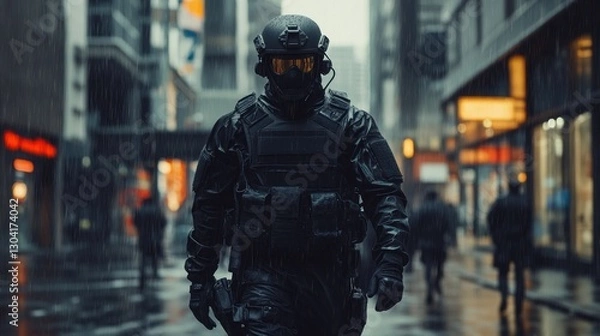 Fototapeta A heavily armored soldier walks through a rainy urban street, with blurred pedestrians and neon lights in the background
