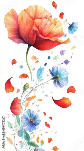 Fototapeta Vibrant floral explosion with poppies and petals in watercolor art