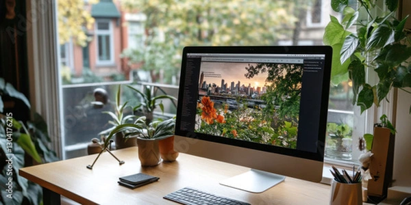 Fototapeta Home office desk with computer displaying scenic urban and floral image