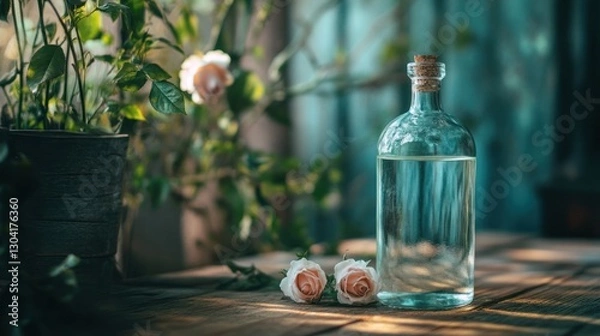 Fototapeta Serene Glass Bottle with Water and Roses in a Rustic Setting