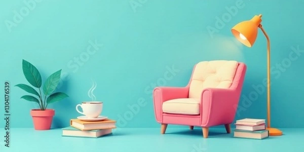 Obraz Relaxing Atmosphere Comfortable Armchair, Warm Beverage, Books, and Plant in a Serene Setting