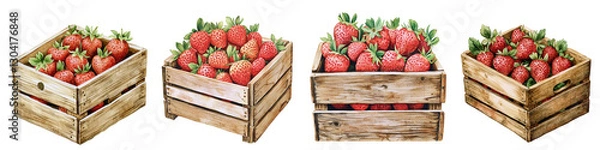 Fototapeta Wooden crates filled with fresh strawberries are arranged row, showcasing vibrant red fruit and green leaves. rustic wooden texture of crates contrasts beautifully with juicy strawberries