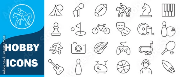 Fototapeta Hobby thin line icons set: reading, gaming, gardening, photography, cooking, sewing, fishing, Set of thin line web icon set, simple outline icons collection icons. vector illustration.