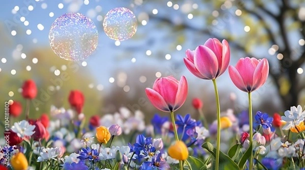 Fototapeta Pink And Red Tulips In A Colorful Spring Garden With Sparkling Bubbles