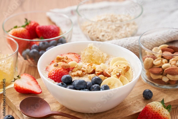 Fototapeta オートミールの朝食 – フルーツとナッツのトッピング