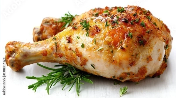 Obraz Two roasted chicken drumsticks with herb garnish are displayed