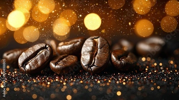 Obraz Roasted coffee beans displayed with festive bokeh lighting and sparkle