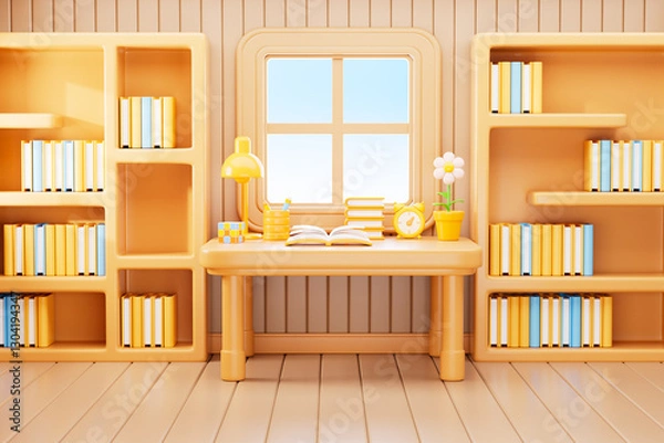 Obraz 3d rendering cartoon style indoor desk in yellow background