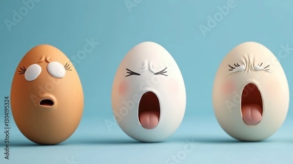 Obraz Three eggs with expressive faces yawning against a blue background. Easter, Pascha, Paskha, Ostern, Pascua, Paques - Orthodox and Catholic Holiday celebration