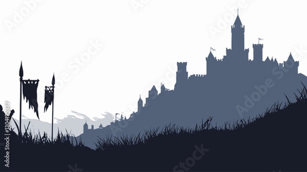 Fototapeta The image depicts a stylized silhouette of a large medieval castle complex situated on a hill against a lighter background.  The castle is detailed, showing various towers and walls. In the