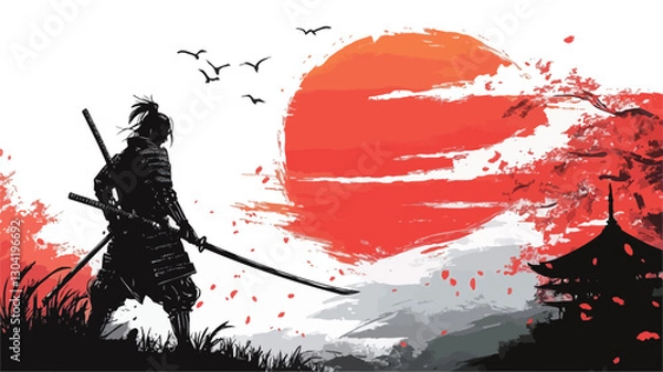 Fototapeta Digital painting or illustration depicting a samurai in silhouette, standing with a katana, against a large red sun setting behind a stylized landscape suggesting a Japanese setting.  The