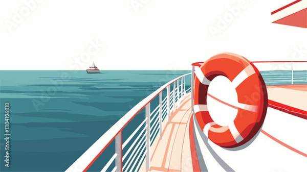Fototapeta A stylized illustration depicting a section of a cruise ship's deck. The viewpoint is from the deck looking out to the ocean.  A life preserver is visible, hanging on the railing. The ocean