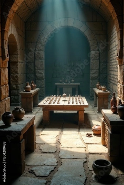Obraz Ancient Chamber Sunlit Stone Room with Artifacts and Offerings on a Central Table