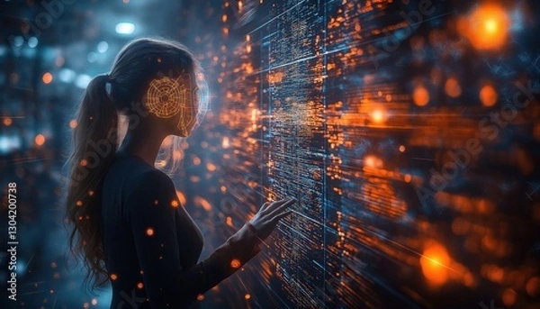 Obraz Agentic AI Interface Woman Controls Digital Data Stream - Futuristic Tech