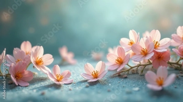 Fototapeta Delicate Pink Blossoms Resting on a Soft Teal Surface, Illuminated by Gentle Sunlight, Creating a Serene and Peaceful Atmosphere
