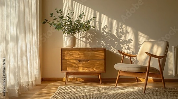 Fototapeta Sunlight streams into a room with a wooden cabinet and armchair, plants and a beige carpet