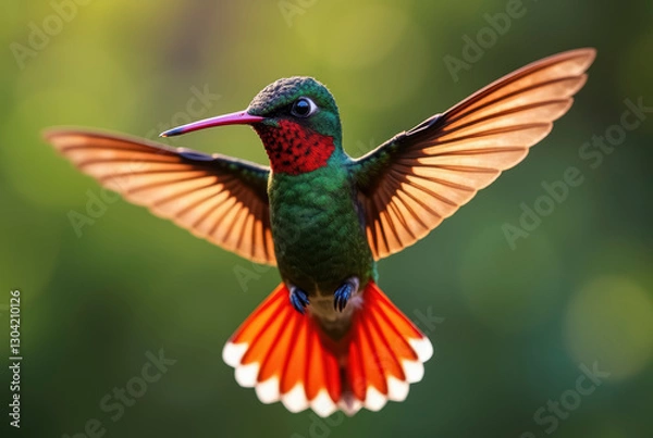 Fototapeta An iridescent green bird in flight with vibrant red and orange feathers