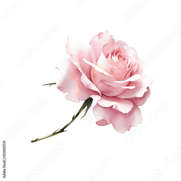 Obraz Pink rose isolated on white. Flower isolated clipart PNG. Watercolor Pink Rose with Stem on Transparent Background for wedding invitation, greeting card, print design.