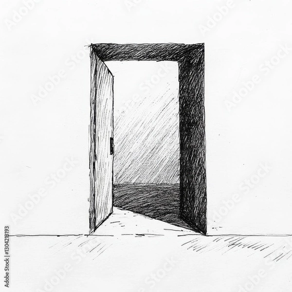 Fototapeta A Pen and Ink Drawing of an Open Doorway Leading to an Abstract Place, a Journey, or the Unknown Beyond the Threshold