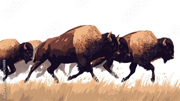 Fototapeta A stylized illustration depicts a herd of American bison running across a field of tall, dry grass. The bison are rendered with visible brushstrokes and varying shades of brown and dark