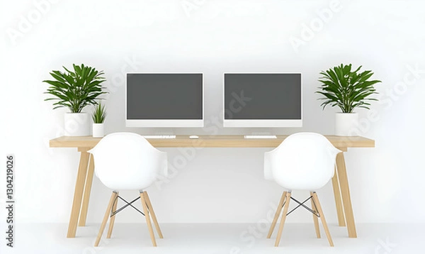 Fototapeta Modern Workspace with Dual Monitors and Indoor Plants