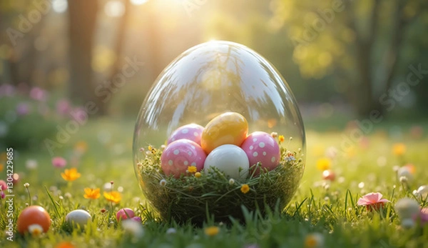 Fototapeta Vibrant Colorful Easter Eggs in a Glass Globe on a Garden – Perfect for Festive Spring Promotions