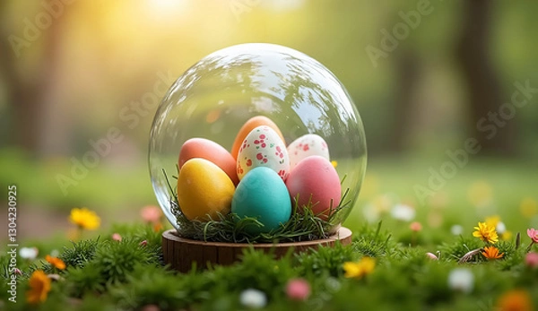 Fototapeta Eye-Catching Easter Egg Display in a Glass Globe on a Garden – Stunning Stock Image for Businesses