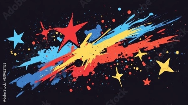 Fototapeta A striking abstract design with bold colors, stars, and dynamic paint splashes on a dark backdrop, ideal for creative expression and visual projects