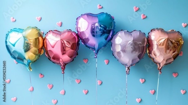 Fototapeta Rainbow balloons and hearts on blue background