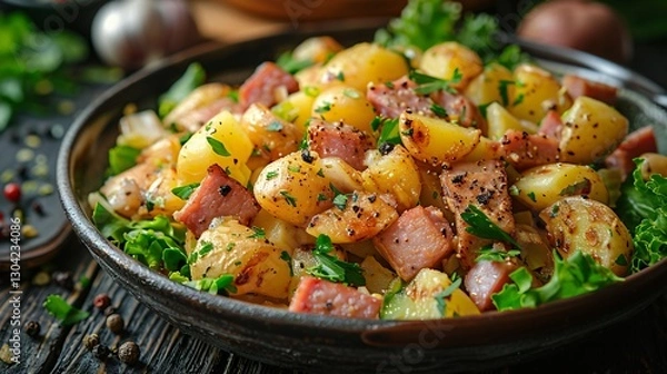 Fototapeta Savoy cabbage with smoked meat and potatoes