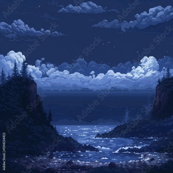 Fototapeta A tranquil night setting showcases calm waters reflecting soft clouds and starlight. Tall trees line the rocky shores, enhancing the peaceful ambiance of the scene