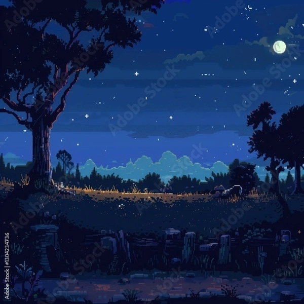 Fototapeta A serene night unfolds with a bright moon illuminating a peaceful landscape. Stars twinkle above a lush field under a majestic tree, creating a calming scene