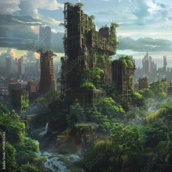 Fototapeta Skyscrapers, once symbols of modernity, now lie in ruins, engulfed by lush greenery and vines. A serene river flows nearby, merging with the overgrown surroundings as twilight illuminates the scene