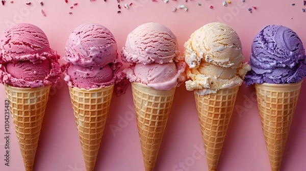 Fototapeta Ice cream cones of different flavors with pink background