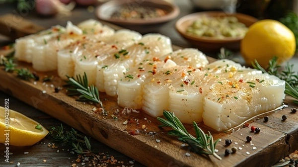 Fototapeta Sliced raw squid with ingredients closeup