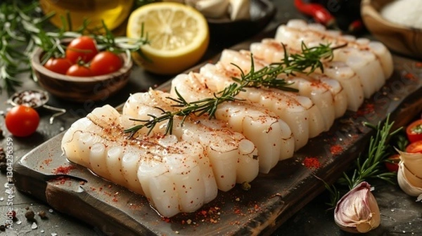 Fototapeta Sliced raw squid with ingredients closeup