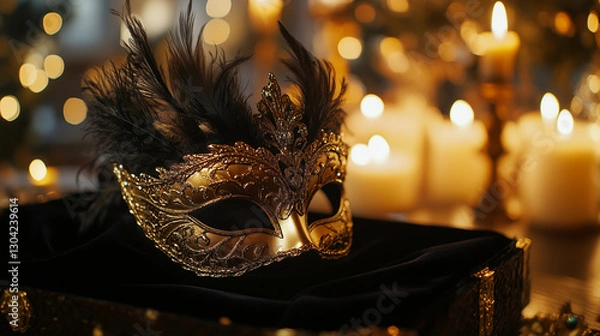 Fototapeta Elegant Black and Gold Masquerade Mask with Feathers and Candlelight