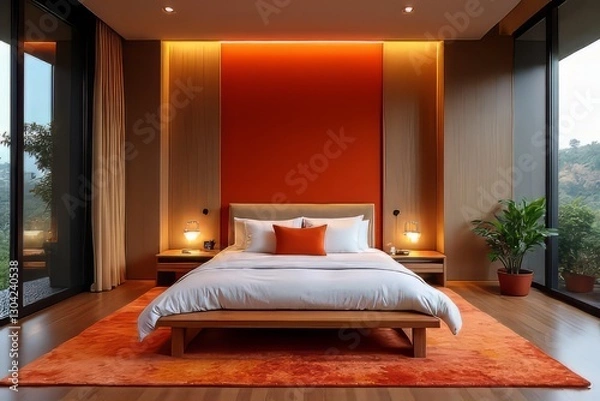 Obraz Modern Bedroom with Orange Accent Wall and Wooden Furniture