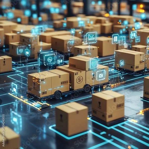 Fototapeta A global logistics network scene featuring cardboard boxes being sorted and shipped by air, sea, and land, with digital elements representing international supply chain connections