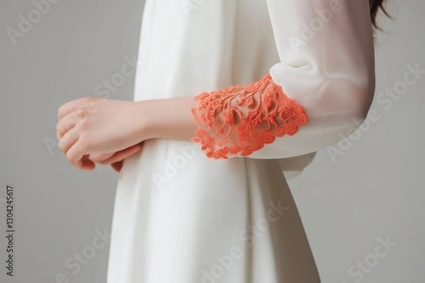 Fototapeta Close up of delicate coral lace sleeves on a flowing white dress, showcasing intricate details and modern bridal fashion