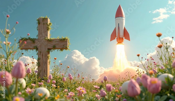 Fototapeta Rocket Blasting Off Next to a Cross, Blending Faith and Innovation for Marketing - Futuristic Easter Concept