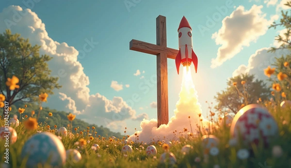 Fototapeta Rocket Launch and Cross Side by Side Representing Faith, Hope, and New Beginnings - Inspiring Easter Imagery