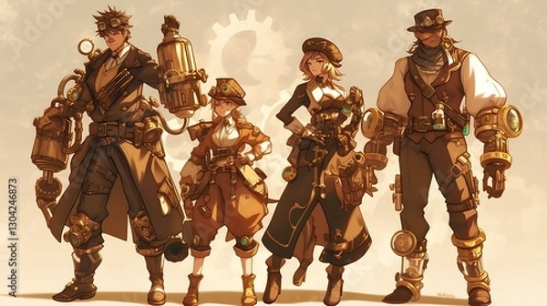 Fototapeta A dynamic lineup of four steampunk warriors, each specializing in a different fighting technique, colorful anime style